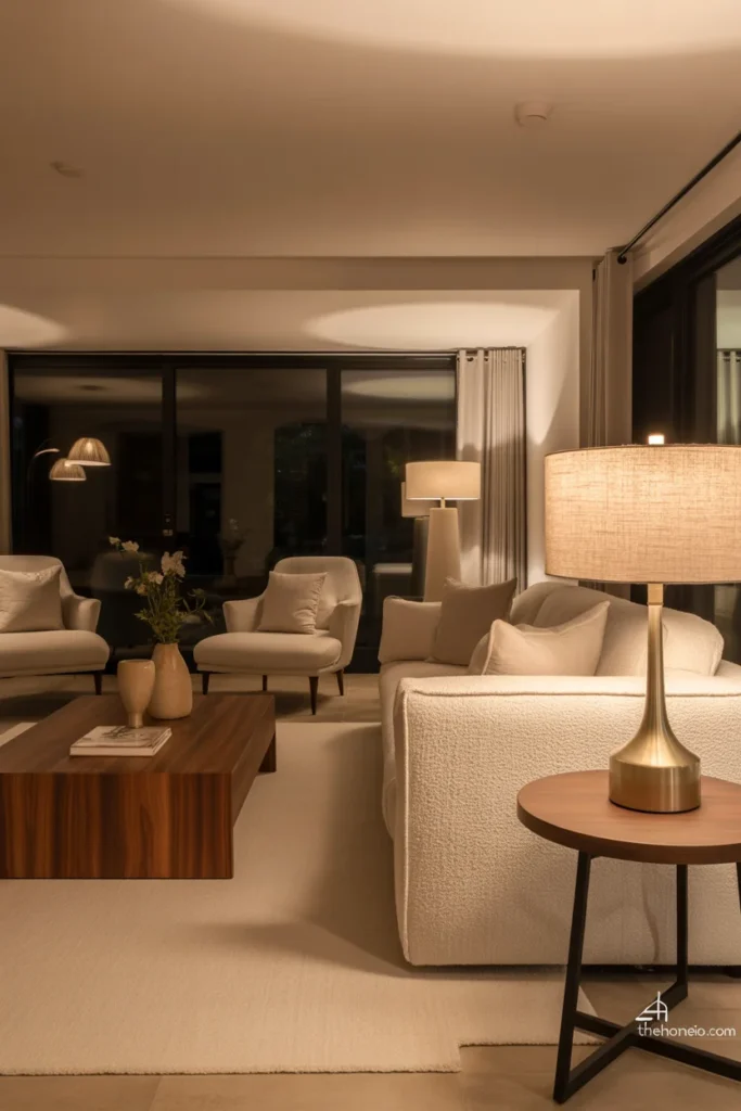 Neutral living room with layered lighting from lamps and natural daylight