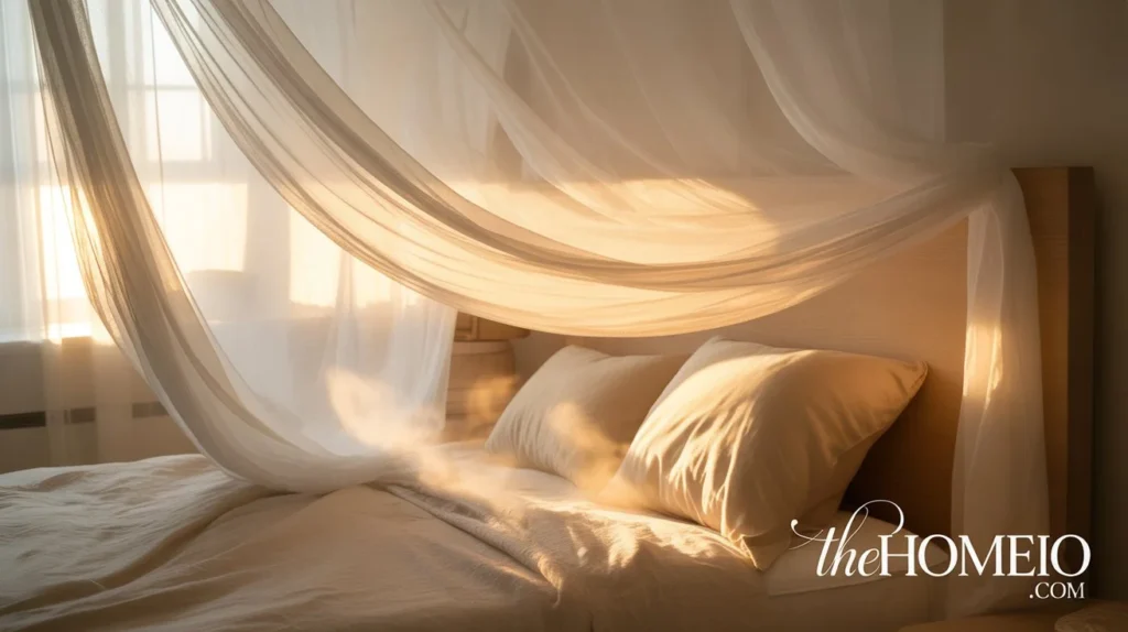 A bedroom with flowing sheer curtains in soft white, allowing the sunlight to shine through, giving the room a soft, romantic glow.