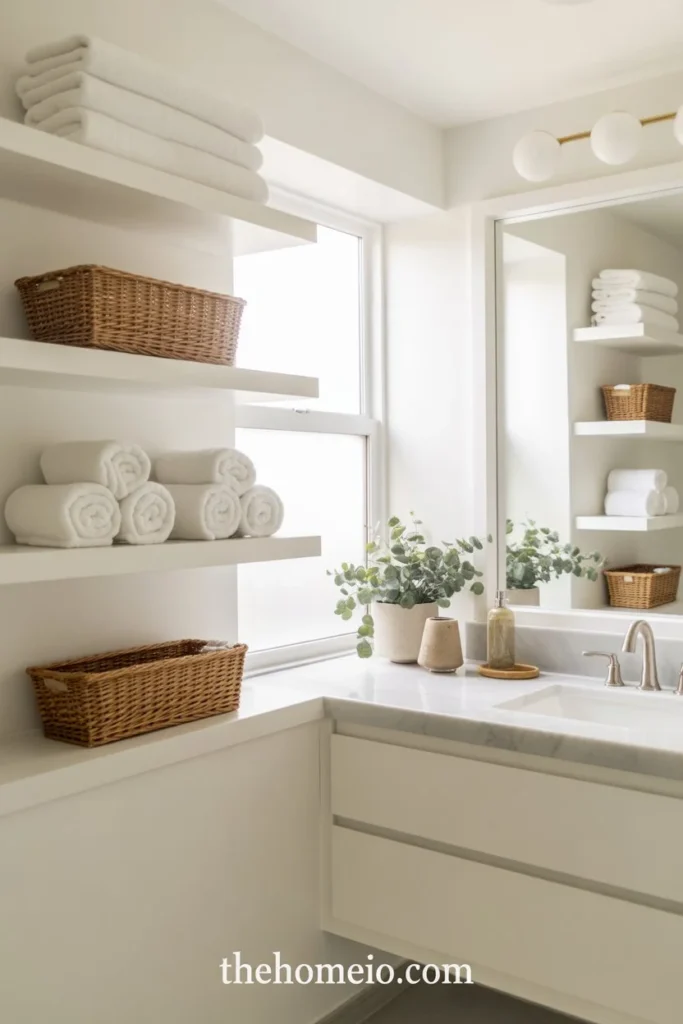 A well-organized bathroom with floating shelves, woven baskets, rolled white towels, and simple elegant decor.