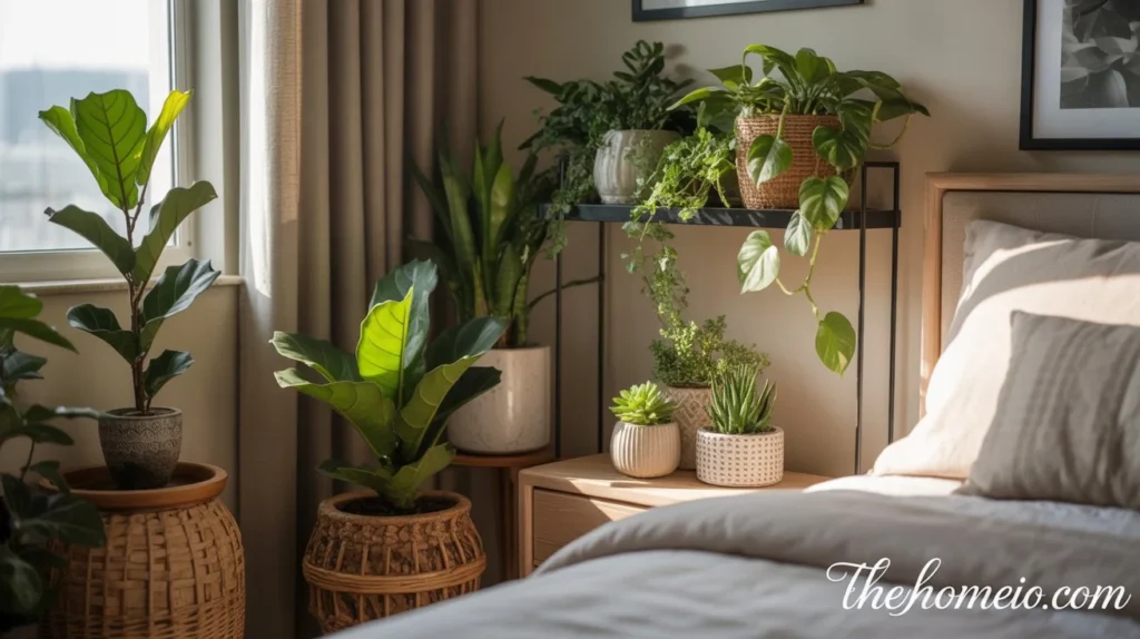 A small bedroom with a few indoor plants in decorative pots, adding greenery and freshness to the room.