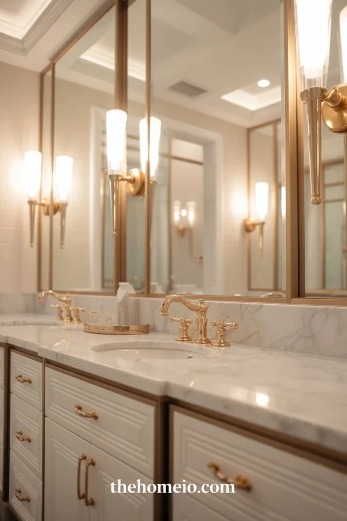 A designer bathroom with elegant wall sconces on both sides of the mirror, a beautiful vanity, gold accents, soft lighting, and a high-end hotel-inspired look.