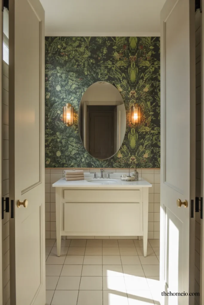 Guest bathroom with botanical wallpaper behind the vanity and brass wall sconces