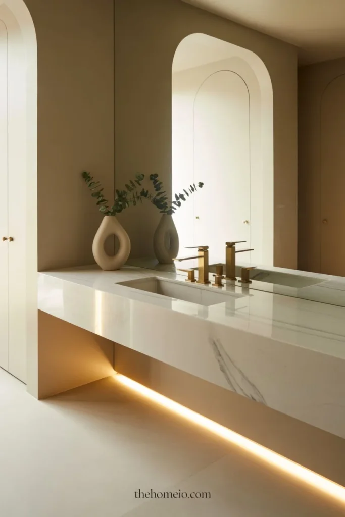 Image A modern luxury bathroom with a floating vanity, stone countertop, soft neutral styling, under-vanity glow lighting, and a clean minimalist layout.