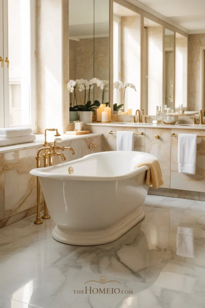 A bright luxury bathroom with a freestanding white soaking tub, marble flooring, soft natural light, warm neutral tones, plush towels, and elegant gold details.