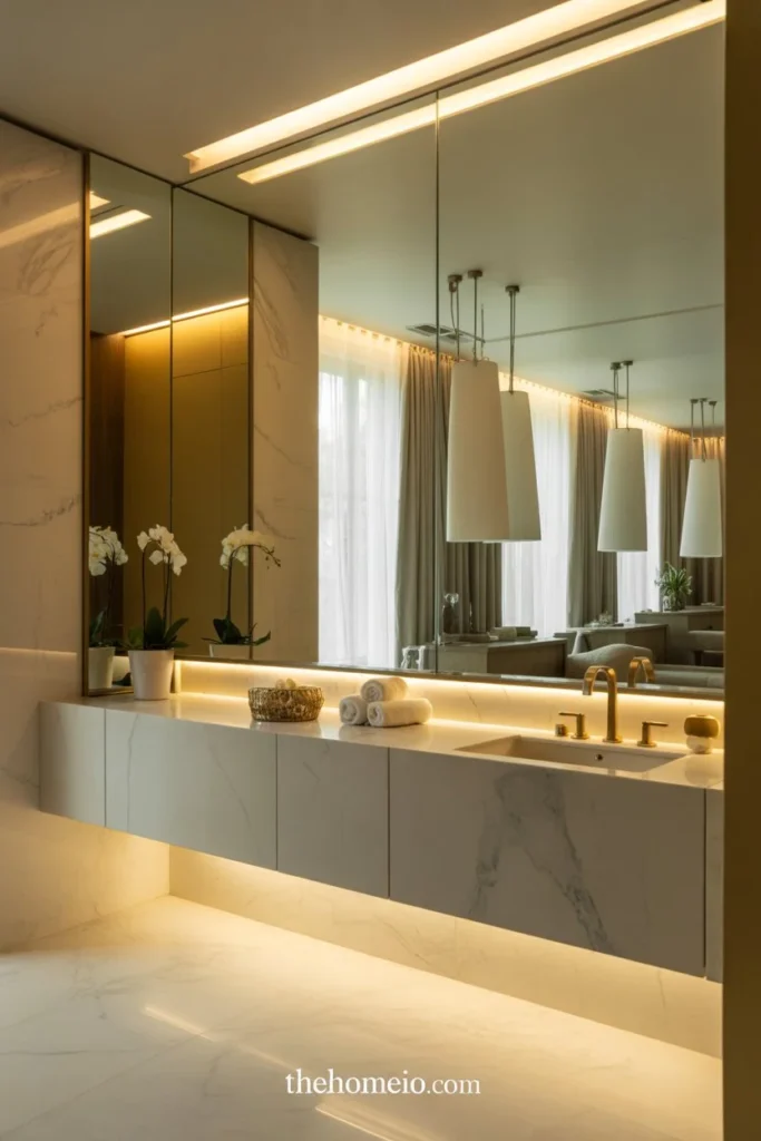 image of Image A luxury bathroom with a large frameless mirror above a floating vanity, soft warm lighting, neutral decor, and elegant hotel-inspired styling.