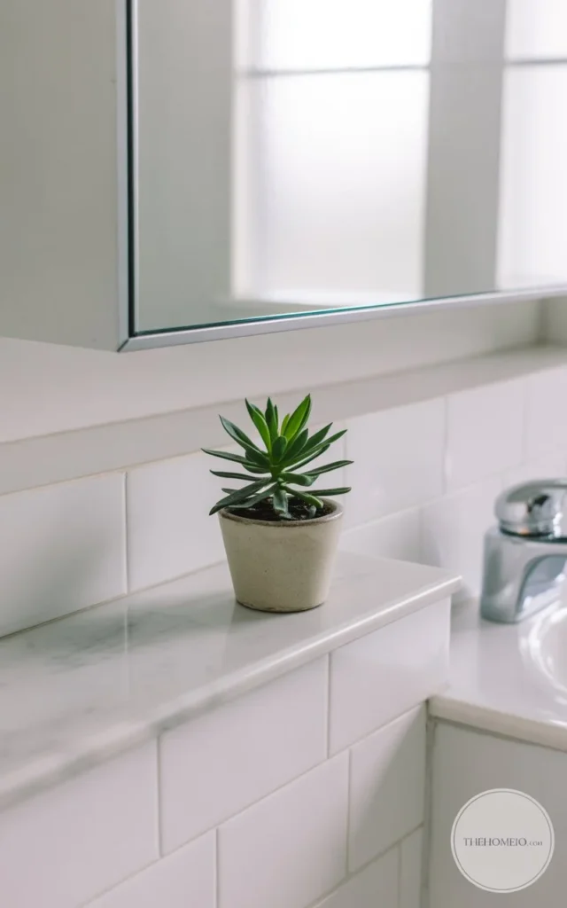 A minimalist bathroom with a small potted plant on the countertop, adding a touch of greenery and freshness to the space. The plant complements the clean design of the room.