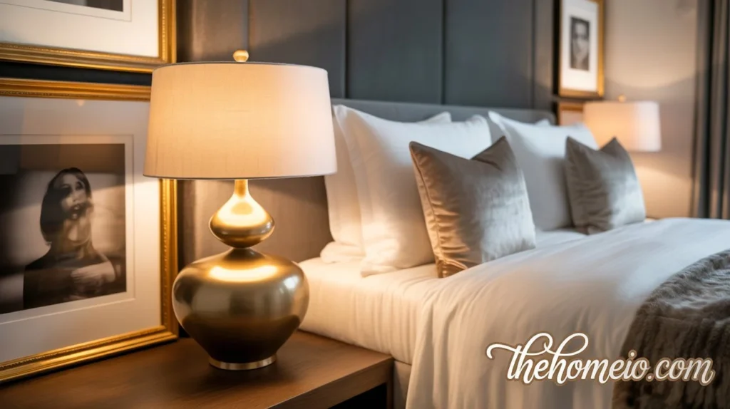 stylish bedroom with metallic gold accents on the bedside lamp and picture frames, bringing a touch of elegance and sophistication.