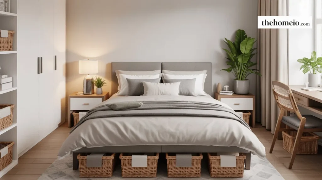 A small bedroom idea give me complete picture of the room looks real bedroom featuring A small bedroom with stylish baskets placed under the bed, organizing extra pillows and blankets while maintaining a clean and clutter-free room.