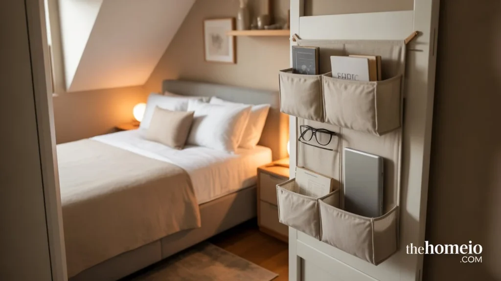 A small bedroom with a bedside storage caddy hanging on the bed frame, offering convenient storage for books, glasses, and a phone