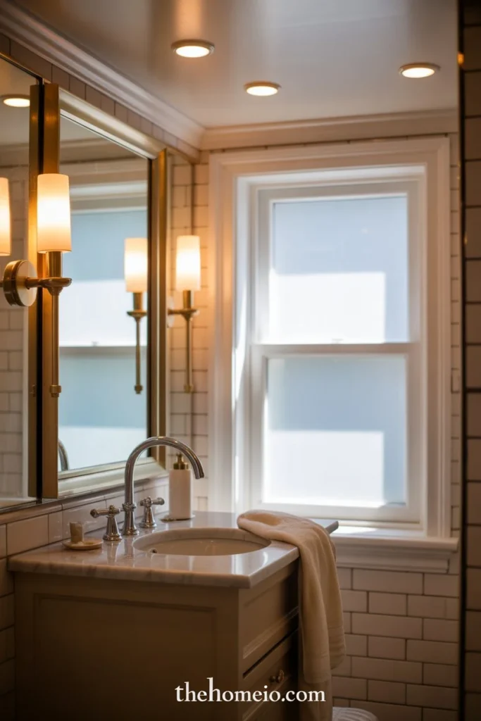 A small elegant bathroom with layered lighting, wall sconces beside a mirror, warm overhead glow, soft daylight from window, light neutral finishes, cozy and polished decor, ultra realistic interior design photography, luxury home decor magazine style, natural daylight, soft shadows, clean composition, realistic materials,