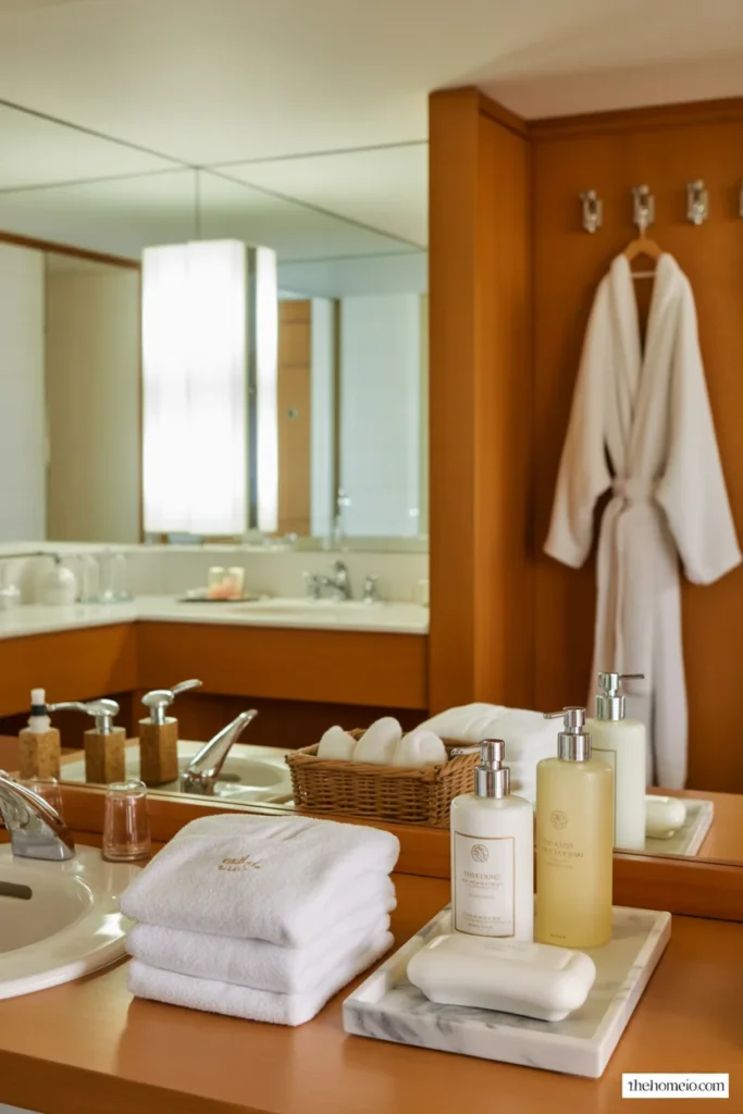 Welcoming guest bathroom with folded towels, toiletries, and hotel-style comfort details