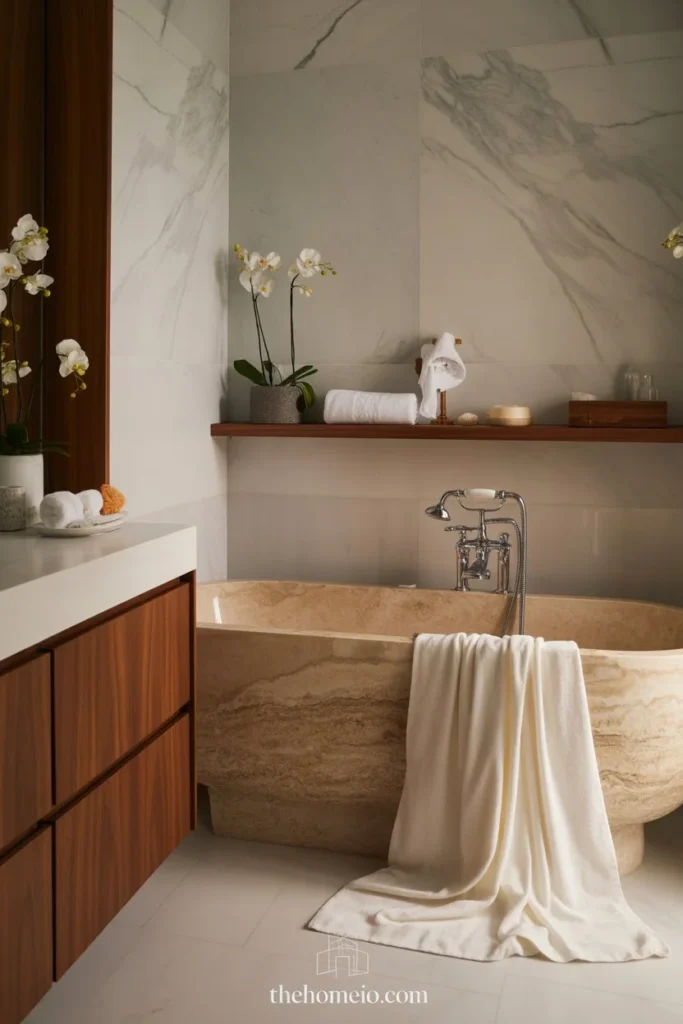 A high-end bathroom with natural stone details, warm wood accents, soft neutral colors, and elegant spa styling.