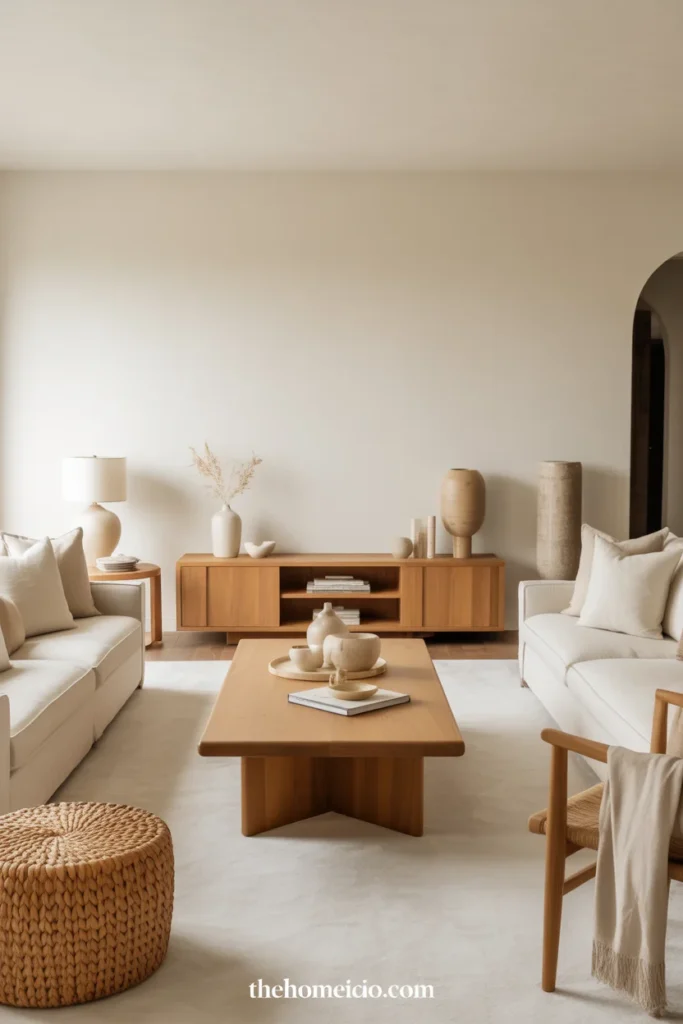 Neutral living room with natural wood furniture and warm beige seating