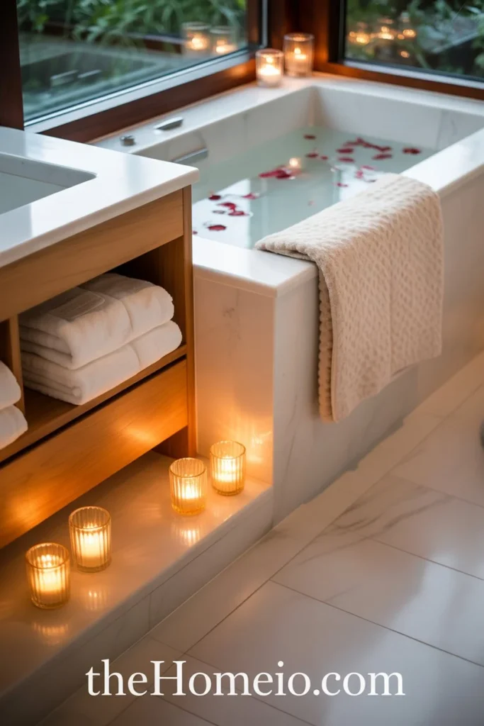 A spa-inspired bathroom with fluffy white towels, a textured bath mat, soft candlelight, and natural wood accents.