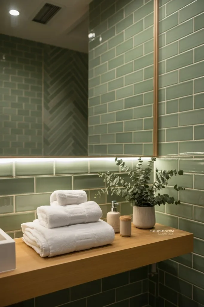 Green tile bathroom with soft natural decor and spa-like styling