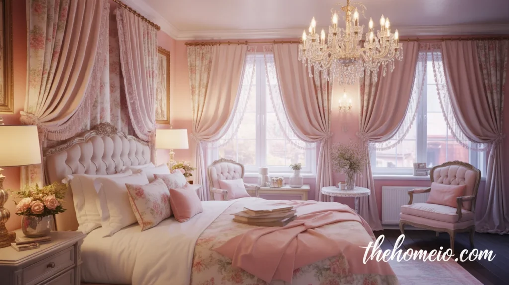 An image of a bedroom luxurious with a beautiful view with curtains having lights