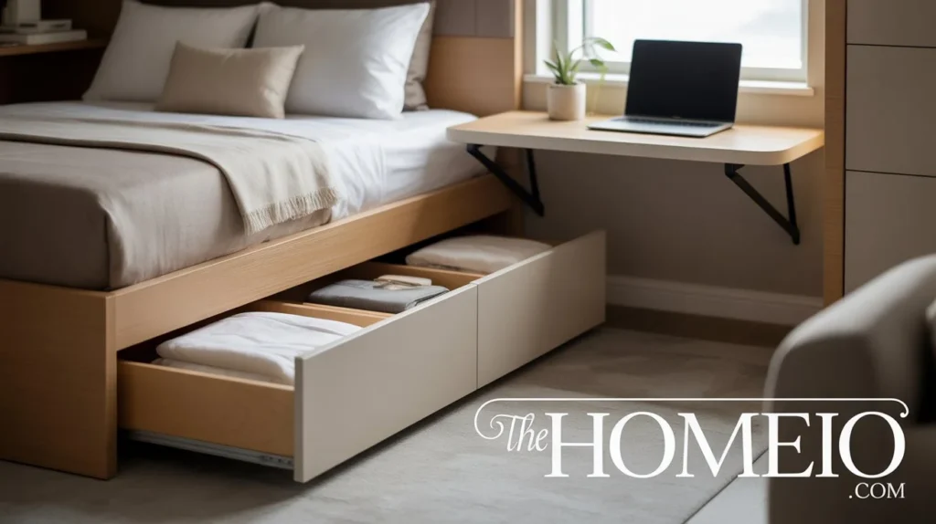 A small bedroom featuring a bed with under-bed storage drawers and a folding desk, perfect for a multi-functional, space-saving design.