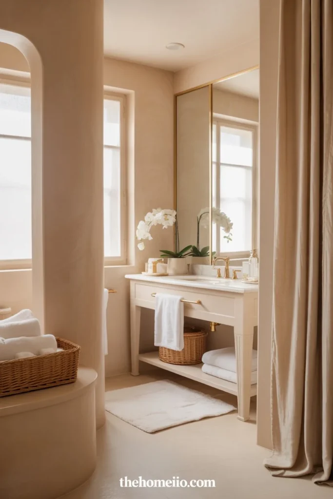 A Luxury and Royal bathroom in warm neutral colors with soft beige walls, white towels, a clean vanity, layered textures, and a serene hotel-inspired mood.