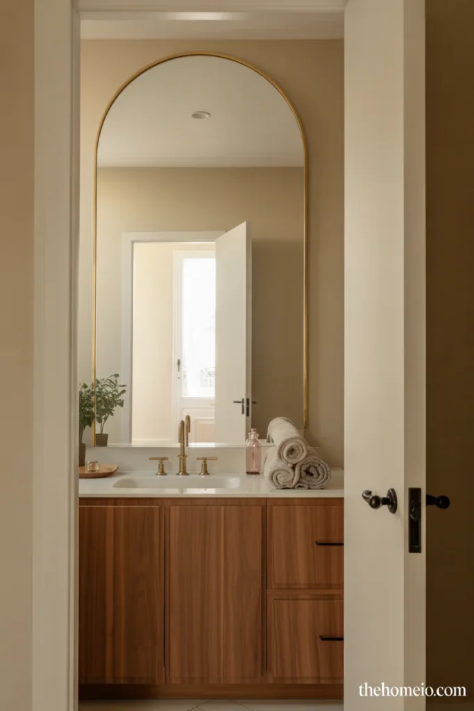 Guest bathroom with an oversized arched mirror above a warm wood vanity