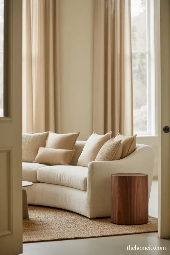Neutral living room with a textured sofa, soft pillows, and warm layered styling