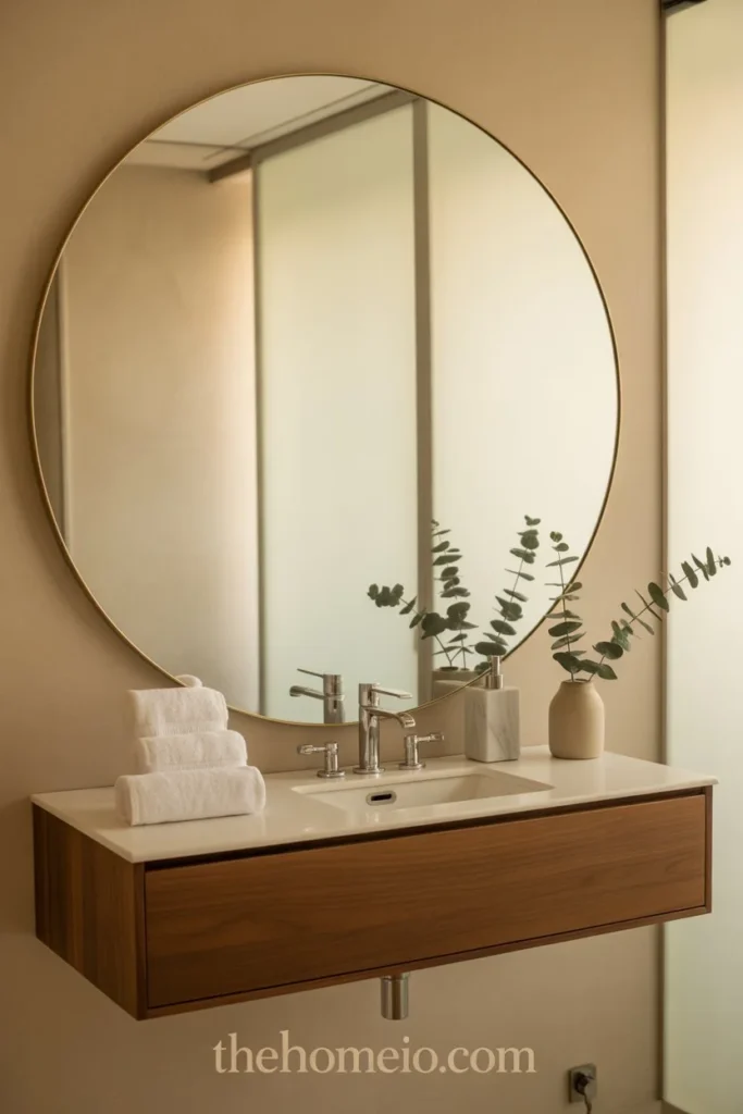 A beautiful bathroom with an oversized mirror above a sleek vanity, warm neutral tones, soft lighting, white towels, and elegant feminine styling.
