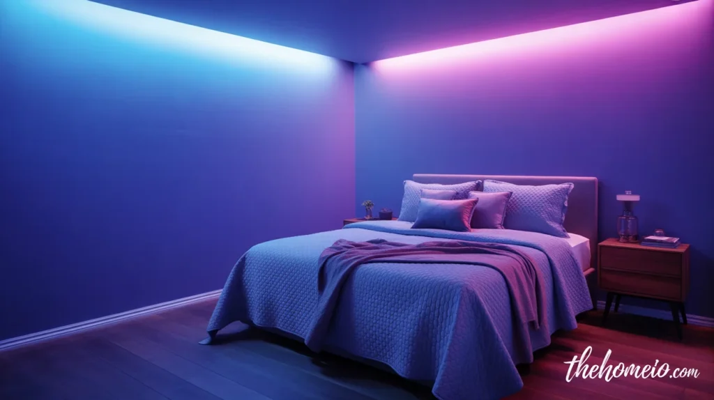 A bedroom with color-changing lights, transitioning from blue to purple. The lights add versatility,