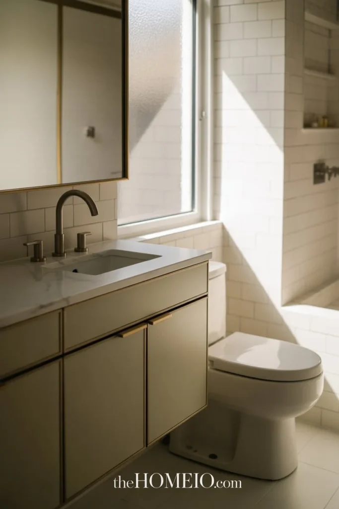A compact small bathroom with sleek space-saving vanity, modern toilet, slim sink design, minimal brass hardware, balanced layout, realistic stylish home decor for a small American bathroom, ultra realistic interior design photography, luxury home decor magazine style, natural daylight,