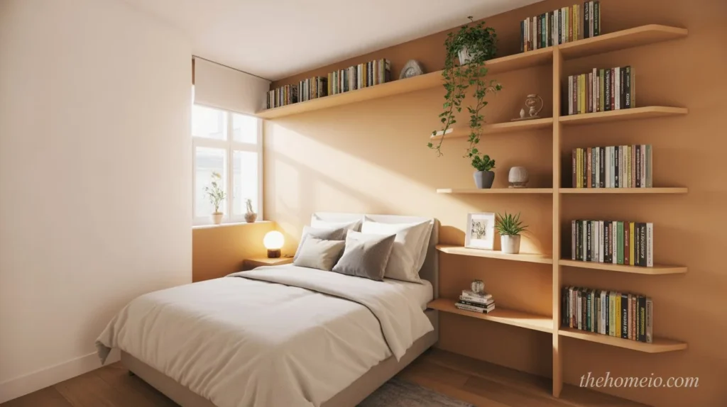 A small bedroom featuring corner shelves filled with books and plants, making the most of the underused space and adding a stylish touch.