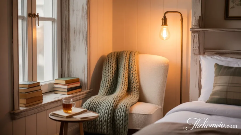 A cozy corner in a small bedroom with a comfortable chair, a throw blanket, and a lamp, perfect for reading.