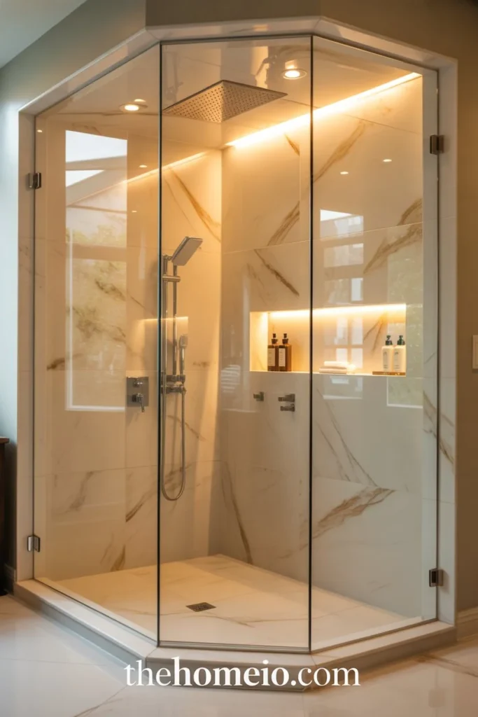 Image A spa-like luxury shower with a frameless glass enclosure, marble-look tiles, built-in wall niche, rainfall showerhead, and soft warm lighting.