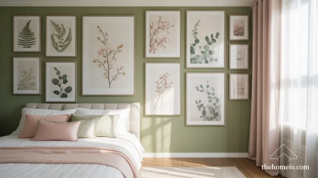 a bedroom with a bold, spring-themed statement wall, featuring framed botanical prints in soft pastel hues, adding personality and charm.