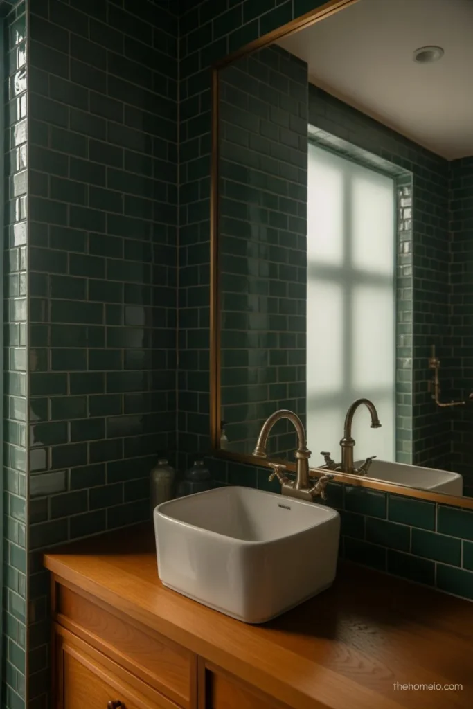 Moody bathroom with deep forest green tile and warm wood vanity
