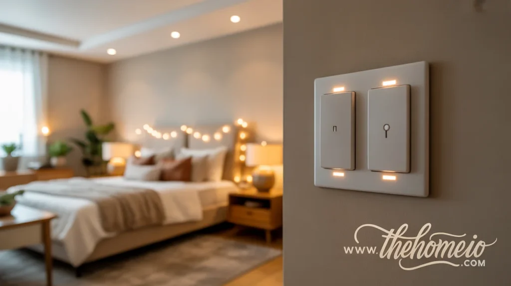 a beautiful lightning bedroom that shows Dimmer Switches for Adjustable Lights