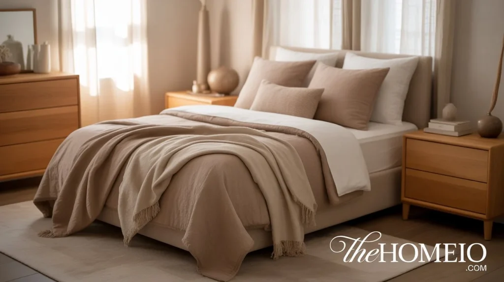 A small bedroom decorated in neutral tones like beige and taupe, creating a warm, calming atmosphere.
