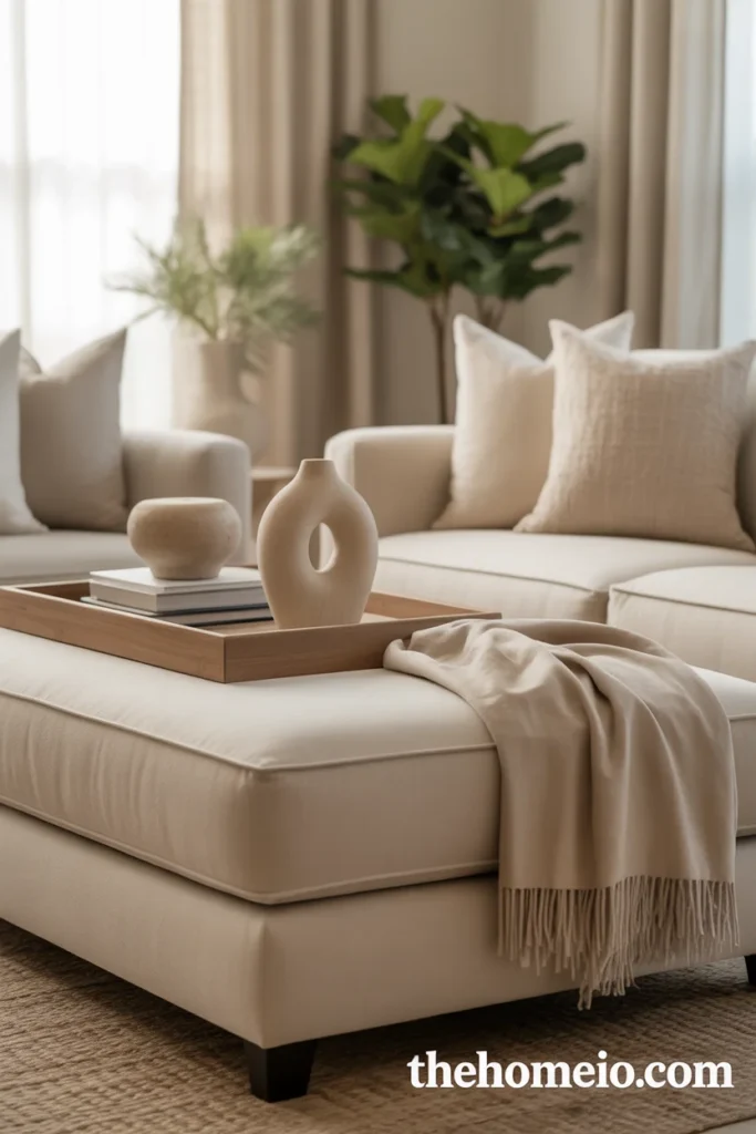 Timeless neutral living room with clean styling, books, a tray, and subtle greenery