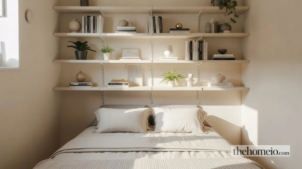 A chic bedroom with floating shelves mounted above the bed, showcasing books and decorative items, giving the room a clean and organized look.