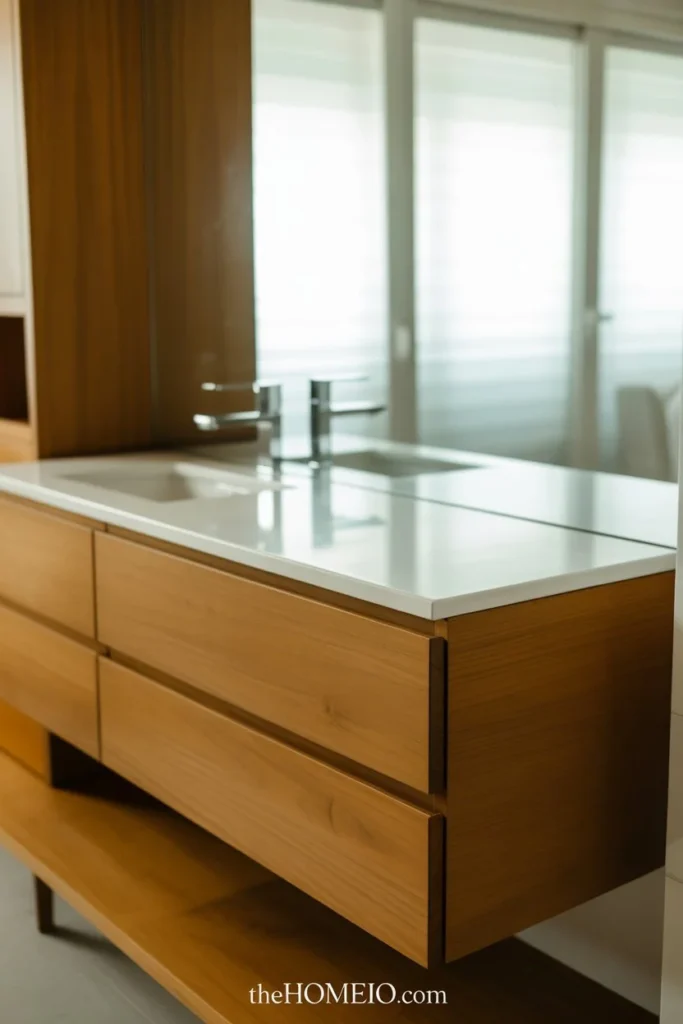 A stylish small bathroom with a wall-mounted floating vanity in warm oak wood, white counter top, hidden storage drawers, clean floor space, modern mirror, soft lighting, realistic compact bathroom layout, ultra realistic interior design photography, luxury home decor magazine style, natural daylight, soft shadows, clean composition, realistic materials, accurate bathroom proportions, high detail, crisp focus.