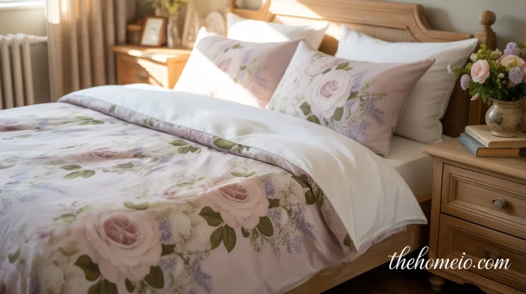 A cozy bedroom featuring soft, floral bedding with pale pink roses and delicate lavender florals, paired with light wooden furniture and soft lighting to create an inviting spring atmosphere.