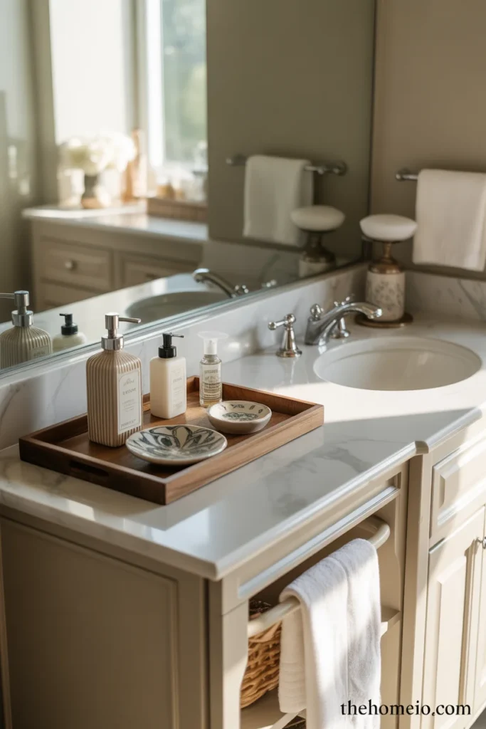 Guest bathroom vanity with open counter space and a tray for guest essentials