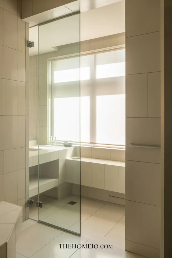 A compact full bathroom with a clear frameless glass shower door, white and beige tile, minimal fixtures, open visual layout, bright natural lighting, modern and clean American bathroom design, ultra realistic interior design photography, luxury home decor magazine style, natural daylight, soft shadows, clean composition, realistic materials, accurate bathroom proportions, high detail, crisp focus,.