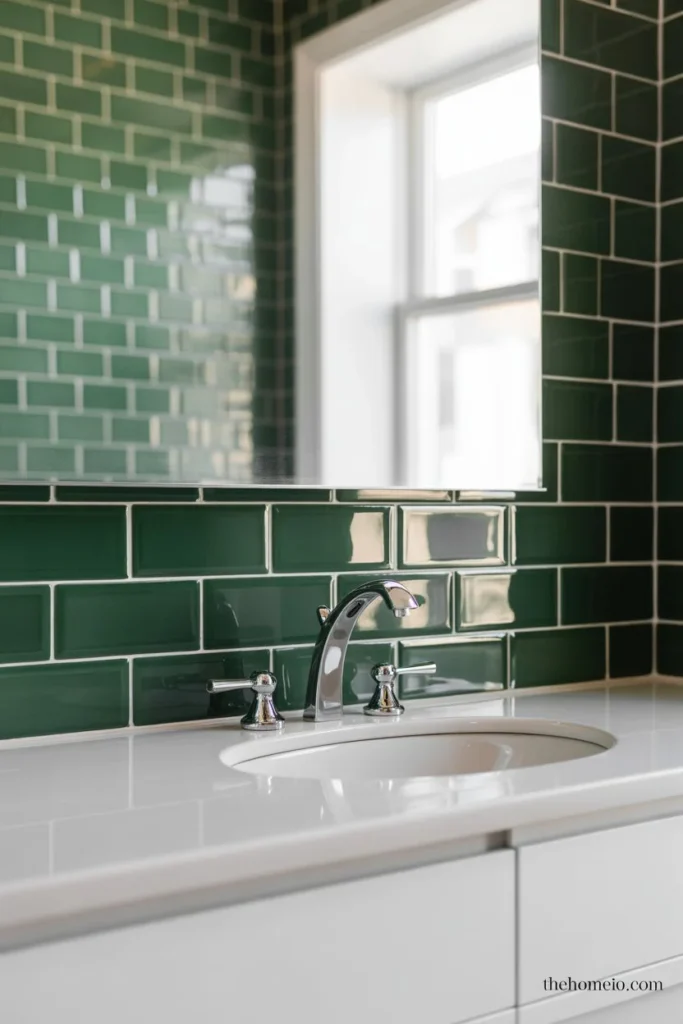 Bright bathroom with glossy green subway tile and white grout