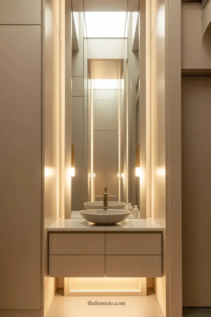 A stylish narrow bathroom with a tall vertical mirror, elegant vanity, warm lighting, and soft neutral styling.