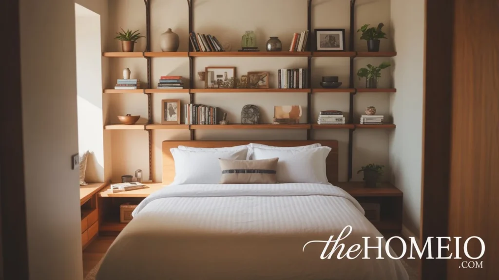 A small bedroom vertical shelves mounted above the bed, showcasing books and decorative items while keeping the floor space clear.