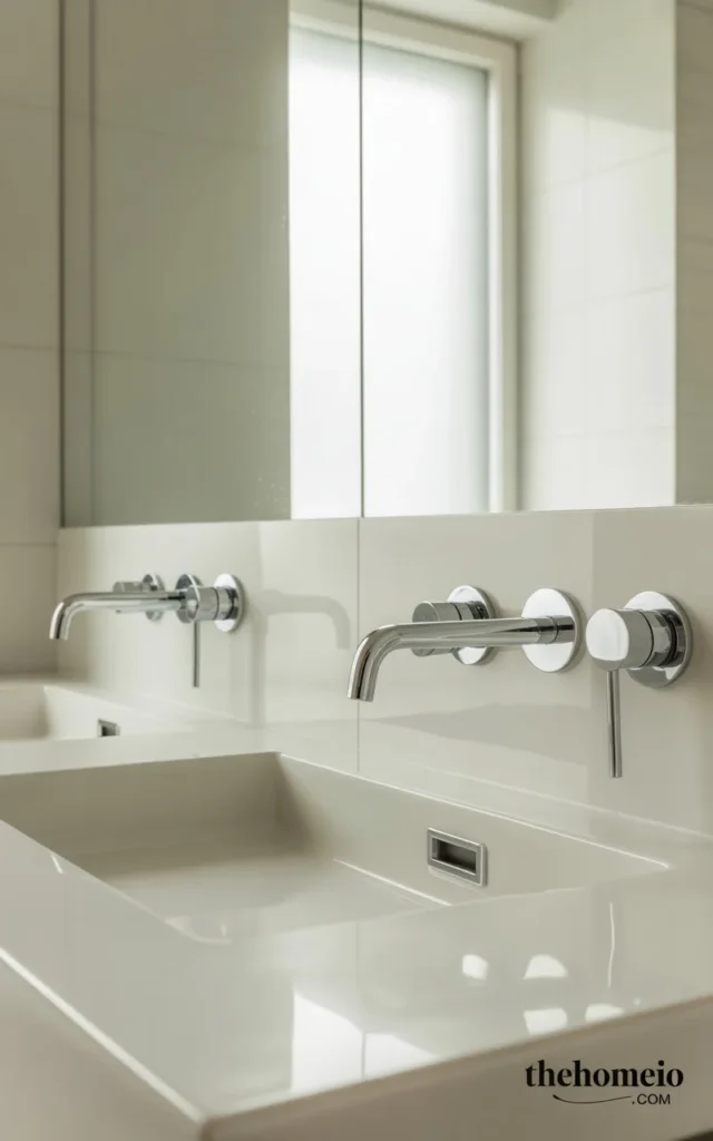 A minimalist bathroom with sleek wall-mounted faucets, creating a modern, clean look while freeing up space on the countertop.