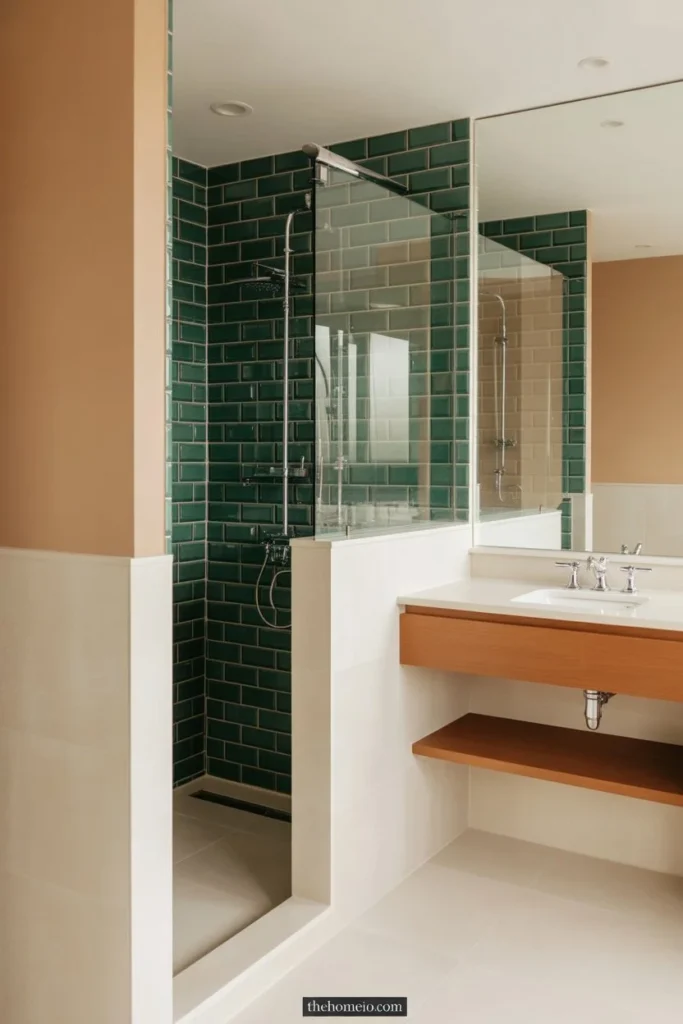 Bathroom with green tile shower and neutral walls outside the shower area