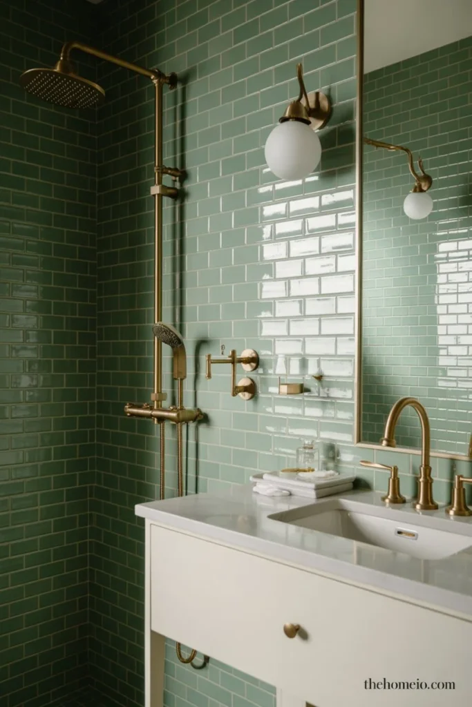 Green tile bathroom with brushed brass fixtures and white vanity