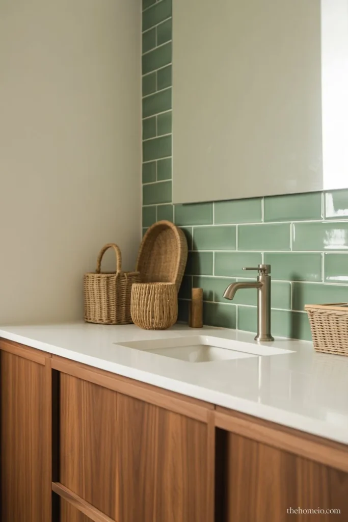 Muted green tile bathroom with warm wood vanity and brass accents