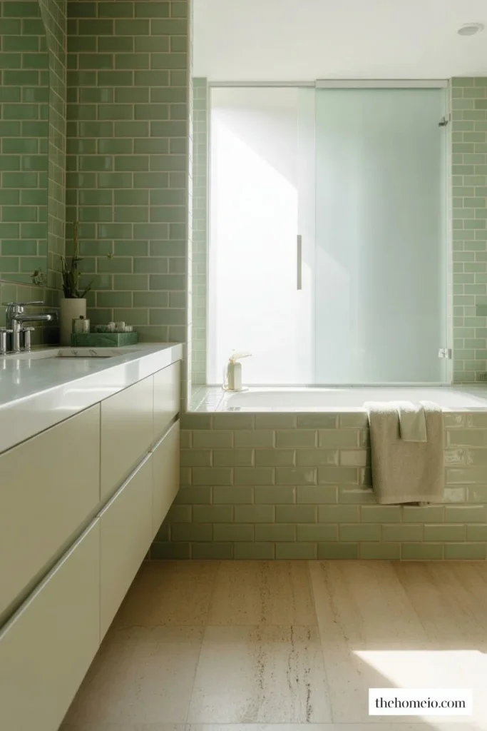Bathroom with green wall tile and light neutral floor tile