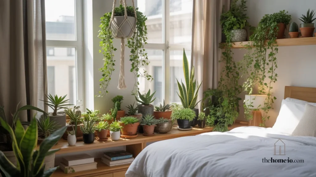A bedroom with lush indoor plants such as hanging ivy and vibrant succulents placed on shelves and window sills, bringing a burst of nature into the space.