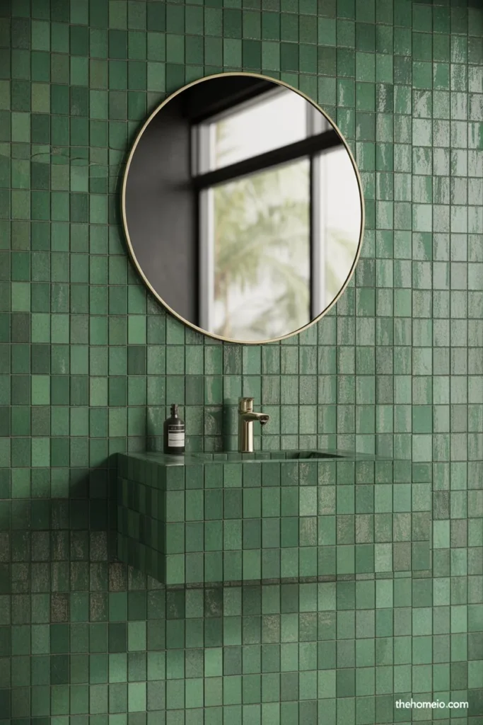 Bathroom with handmade green zellige-style tile and floating vanity